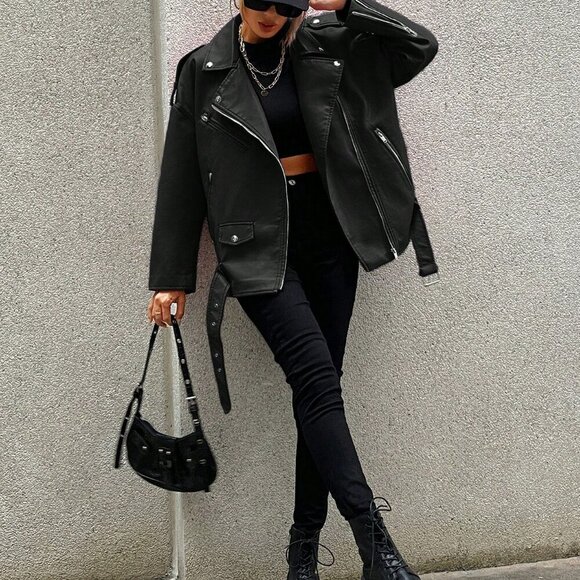 Jackets & Blazers - Black Casual Women's Zip Up Flap Detail Belted Moto Jacket